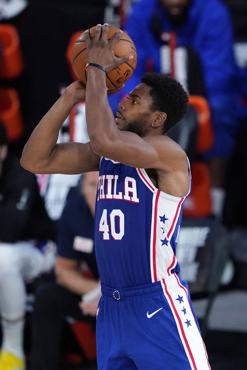 Philadelphia 76ers forward Glenn Robinson III (40) takes a shot during the second half of an NBA basketball game Tuesday, Aug. 11, 2020, in Lake Buena Vista, Fla. (AP Photo/Ashley Landis, Pool)