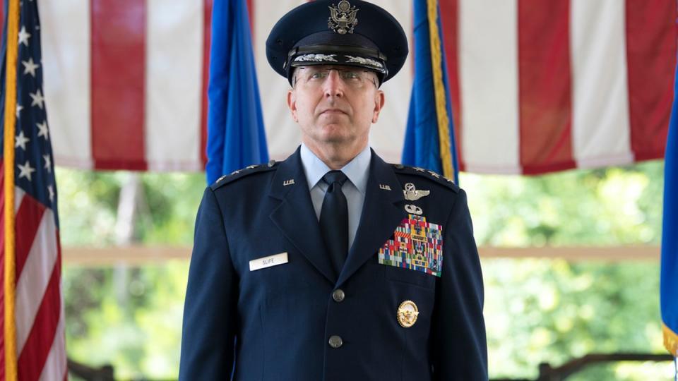 Air Force Lt. Gen. Jim Slife, commander of Air Force Special Operations Command, presides over a change-of-command ceremony at Hurlburt Field, Florida, June 4, 2021. (Tech Sgt. Victor J. Caputo/Air Force)