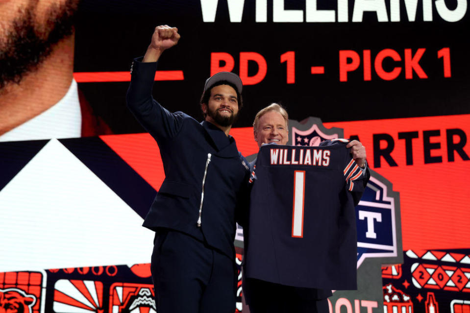 Caleb Williams poses with NFL Commissioner Roger Goodell after being selected first overall by the Chicago Bears during the first round of the 2024 NFL Draft at Campus Martius Park and Hart Plaza on April 25, 2024 in Detroit, Michigan. / Credit: Getty Images
