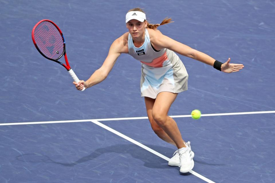 Elena Rybakina of Kazakshstan returns to Aryna Sabalenka of Belarus during their BNP Paribas Open championship match in Indian Wells, Calif., on Sunday, March 19, 2023.