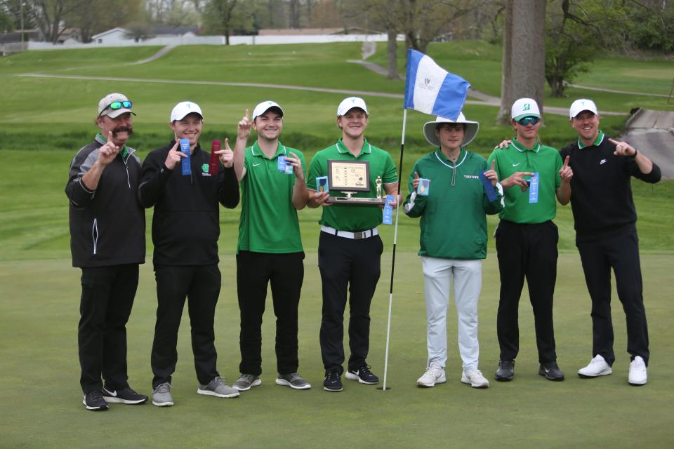 Yorktown boys golf celebrates after winning the 2022 Delaware County tournament championship at Elks Country Club on Saturday, April 30, 2022.