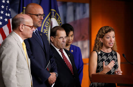 U.S. House Democrats Steve Cohen (D-TN), Ted Deutch (D-FL), Debbie Wasserman Schultz (D-FL), Jerrold Nadler (D-NY) and Judy Chu (D-CA) hold a news conference to ask the Justice Department to investigate the Trump Foundation's donations to Florida Attorney General Pam Bondi in Washington, U.S., September 14, 2016. REUTERS/Gary Cameron?