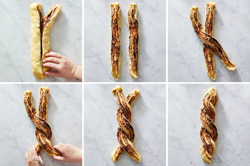 6 photos illustrating the steps in making of chocolate babka