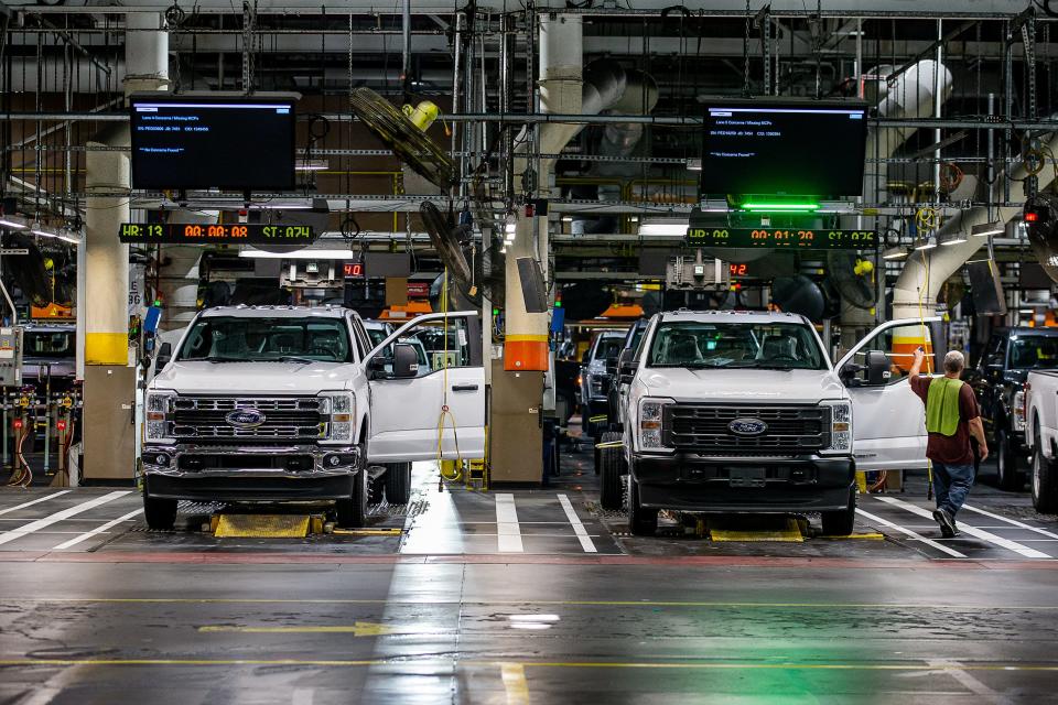 Ford Super Duty trucks rolled off the assembly line at the Ford Truck Plant on Chamberlain Ln. in Louisville, Ky. May 24, 2023