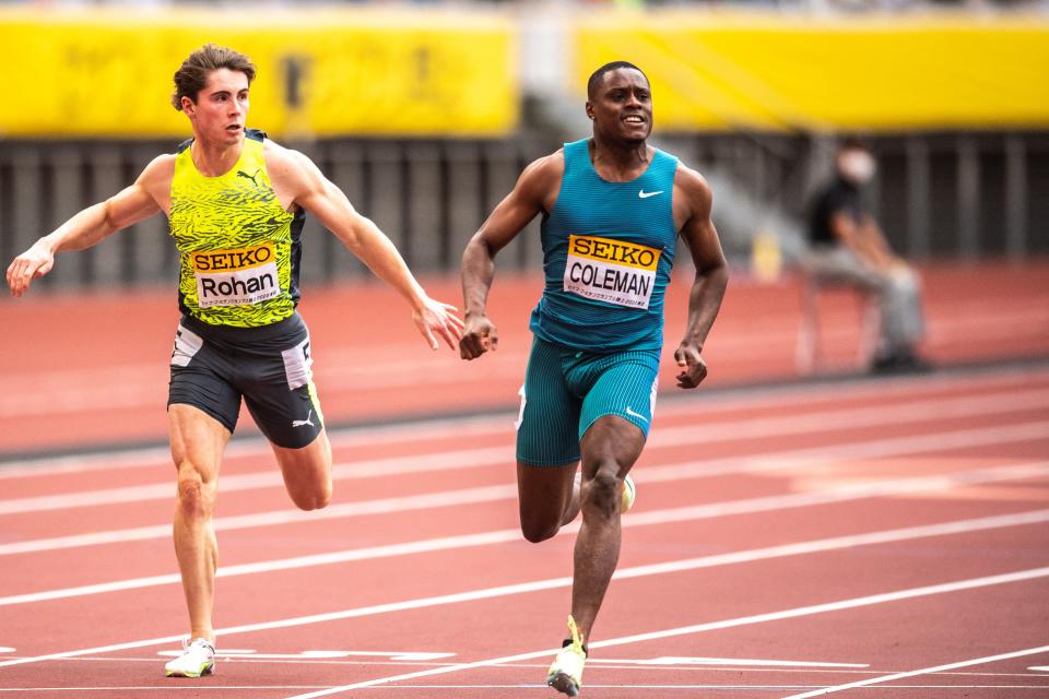 Rohan Browning, pictured here finishing third behind Christian Coleman at the Golden Grand Prix meet in Tokyo.