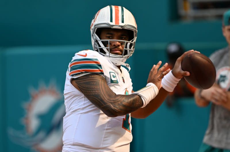 Miami Dolphins quarterback Tua Tagovailoa throws the ball before a game against the New England Patriots on Sunday at Hard Rock Stadium in Miami Gardens, Fla. Photo by Larry Marano/UPI