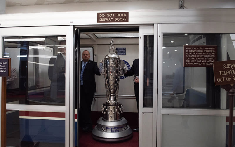 The Borg-Warner Trophy is transported using the Senate Subway