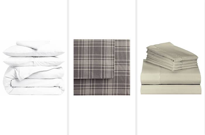 From left: Parachute percale sheet set, Cuddl Duds flannel sheet set, LuxClub bamboo sheet set