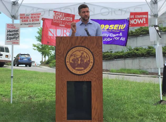 Pat Ryan speaks in July 2021 at a rally for more psychiatric resources in Kingston, New York, while he was serving as Ulster County executive.