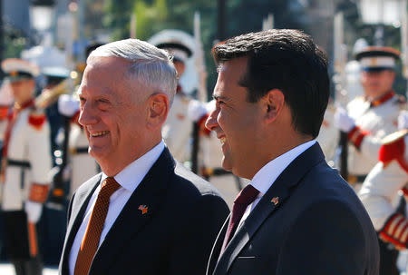 Macedonian Prime Minister Zoran Zaev and U.S. Secretary of Defense James Mattis attend a welcoming ceremony in Skopje, Macedonia September 17, 2018. REUTERS/Ognen Teofilovski