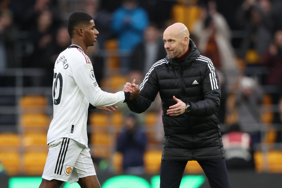 Manchester United manager Erik Ten Hag shakes the hand of his striker Marcus Rashord following their 1-0 Premier League win over Wolves. (