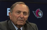 NHL Commissioner Gary Bettman attends a news conference before an Ottawa Senators NHL hockey game against the Florida Panthers, Monday, March 27, 2023, in Ottawa, Ontario. (Adrian Wyld/The Canadian Press via AP)