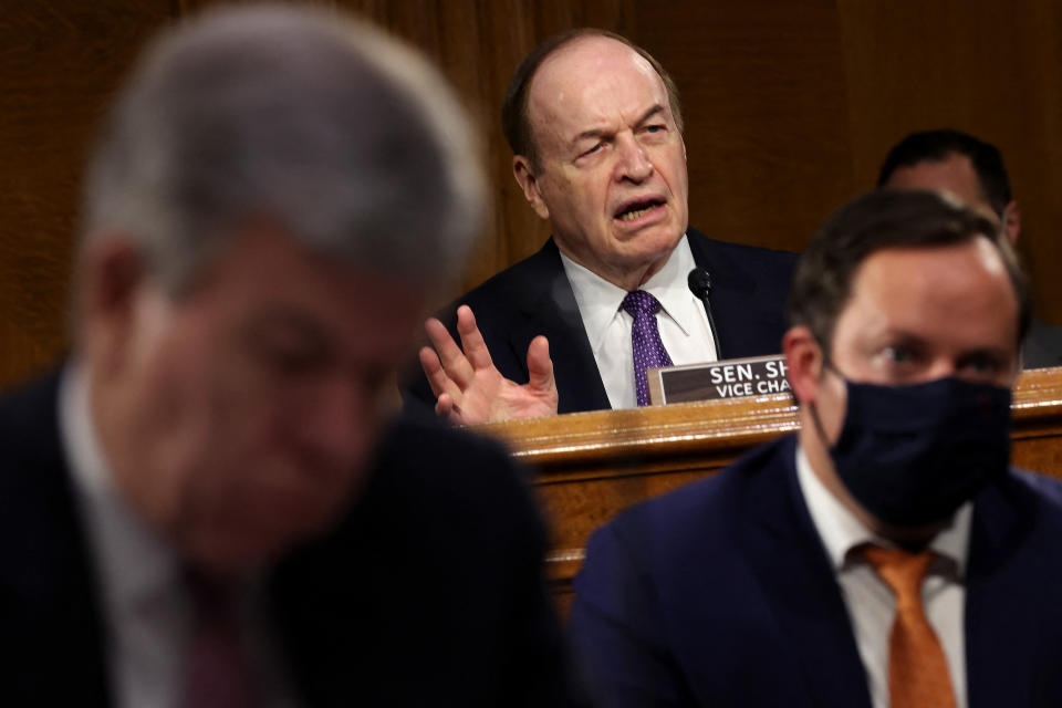 Senate Appropriations Committee ranking member Sen. Richard Shelby (R-AL) asks questions before the Senate Appropriations Committee in the Dirksen Senate Office Building on Capitol Hill on April 20, 2021 in Washington, DC. (Chip Somodevilla/AFP via Getty Images)