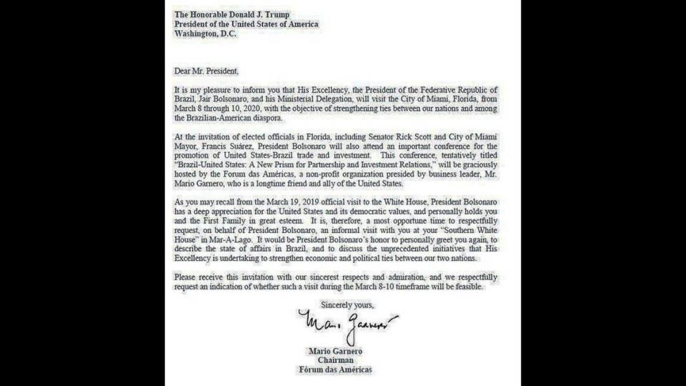 This letter from Mario Ganero urged President Donald Trump to meet with Brazilian President Jair Bolsonaro at Mar-a-Lago.