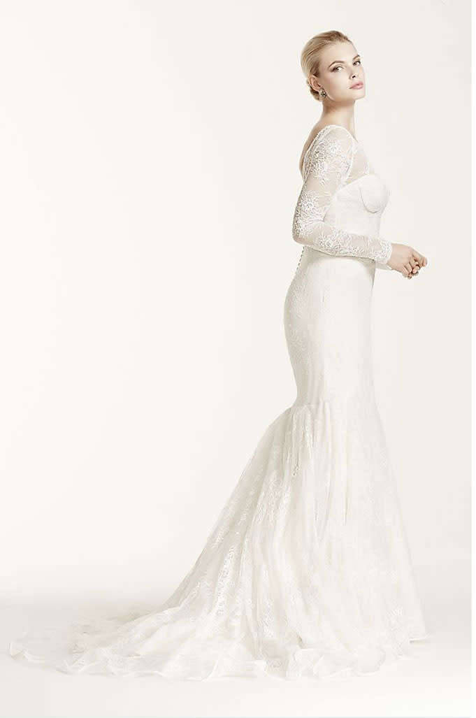 <p><i>Truly Zac Posen Lace Long-Sleeve Wedding Dress, $400, <a rel="nofollow noopener" href="http://www.davidsbridal.com/Product_truly-zac-posen-lace-long-sleeve-wedding-dress-zp341506" target="_blank" data-ylk="slk:davidsbridal.com;elm:context_link;itc:0;sec:content-canvas" class="link ">davidsbridal.com</a> </i></p>