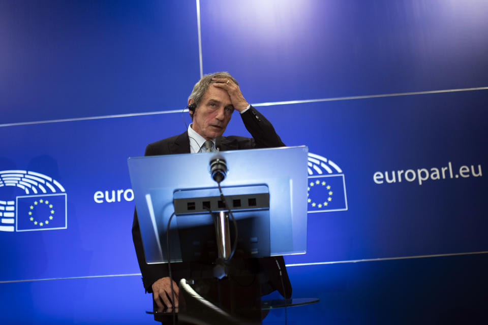European Parliament President David Sassoli touches his hair as he listens a question during a news conference at the European Parliament in Brussels, Thursday, Sept. 12, 2019. Sassoli says Prime Minister Boris Johnson's government has made no new proposals that would unblock Brexit talks and that talking about removing the so-called backstop from the divorce agreement is a waste of time. (AP Photo/Francisco Seco)