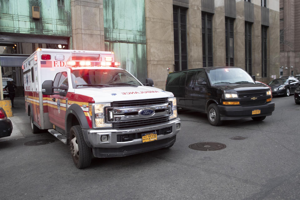 An ambulance carrying Harvey Weinstein is escorted from a Manhattan courthouse, on Monday, February 24, 2020, in New York. (AP Photo/Mary Altaffer)