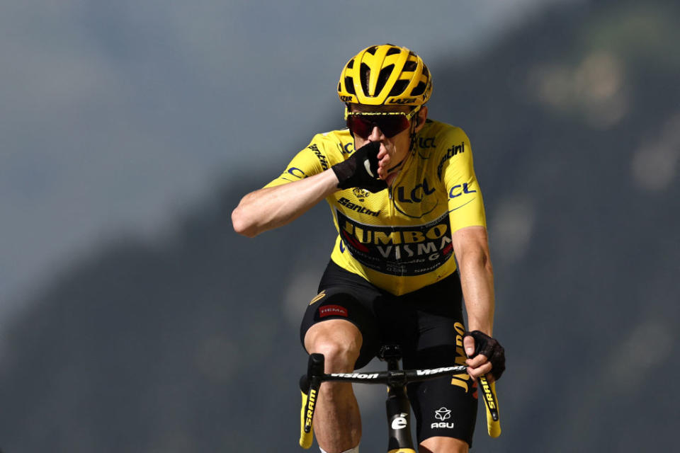 Jumbo-Visma's Danish rider Jonas Vingegaard cycles to the finish line the 17th stage of the 110th edition of the Tour de France cycling race, 166 km between Saint-Gervais Mont-Blanc and Courchevel, in the French Alps, on July 19, 2023. (Photo by Anne-Christine POUJOULAT / AFP)