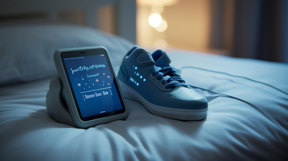 A close-up of a Dream Duo device on a baby's foot with accompanying text on the screen.