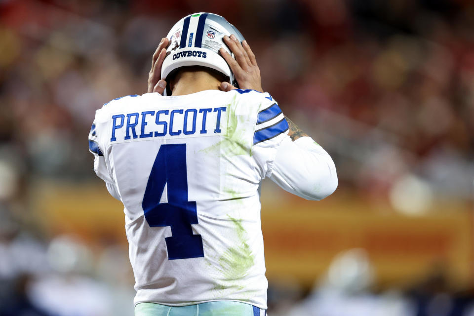 SANTA CLARA, CALIFORNIA - JANUARY 22: Dak Prescott #4 of the Dallas Cowboys reacts during the second half of the game against the San Francisco 49ers in the NFC Divisional Playoff game at Levi's Stadium on January 22, 2023 in Santa Clara , California.  (Photo by Lachlan Cunningham/Getty Images)