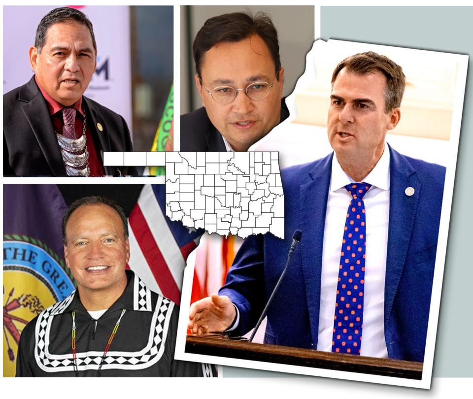 Pictured clockwise from left are Muscogee Nation Principal Chief David Hill, Cherokee Principal Chief Chuck Hoskin Jr., Gov. Kevin Stitt and Choctaw Chief Gary Batton. Since Feb. 1, contact between the governor and tribal leaders has dropped off.