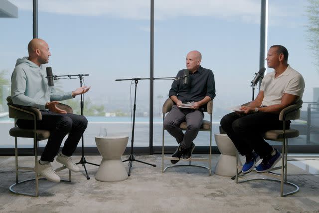 <p>COURTESY BLOOMBERG</p> Derek Jeter, Jason Kelly, Alex Rodriguez film podcast and video series The Deal.