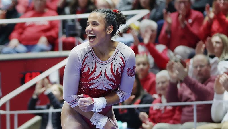 Utah Red Rocks gymnast Amelie Morgan competes on the bars against ASU in Salt Lake City on Friday, Jan. 26, 2024.