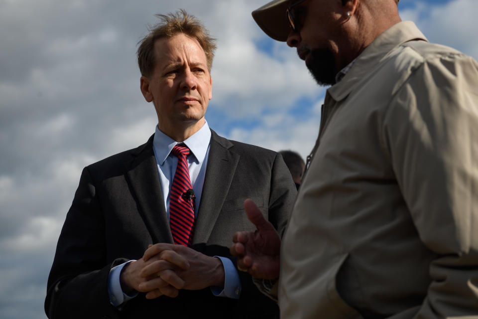 Then-Democratic Gubernatorial Candidate Richard Cordray holds a press conference with labor leaders from the UAW and USW at the site of the former RG Steel on October 23, 2018 in Warren, Ohio. (Photo by Jeff Swensen/Getty Images)