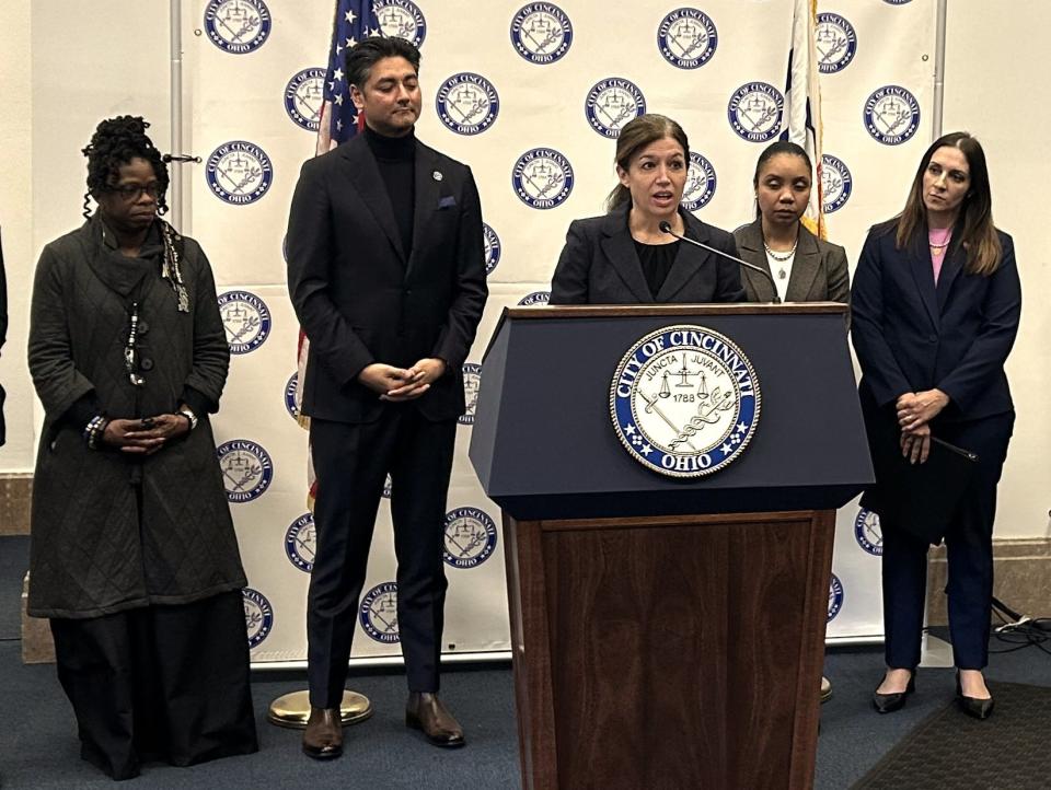 Dr. Amy Makley, the trauma director at the University of Cincinnati Medical Center, speaks Tuesday at City Hall about a new hospital-based program to curb gun violence.