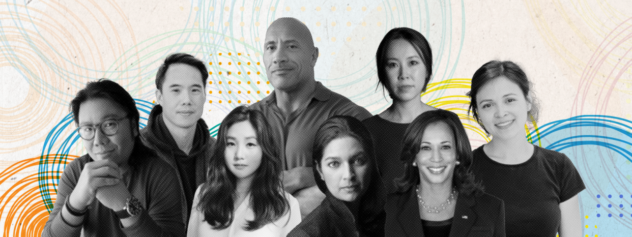 Pictured from left to right to left: Kevin Kwan, Charles Yu, Frances Cha, Dwayne Johnson, Jhumpa Lahiri, Susie Yang, Vice President Kamala Harris and Helen Hoang.