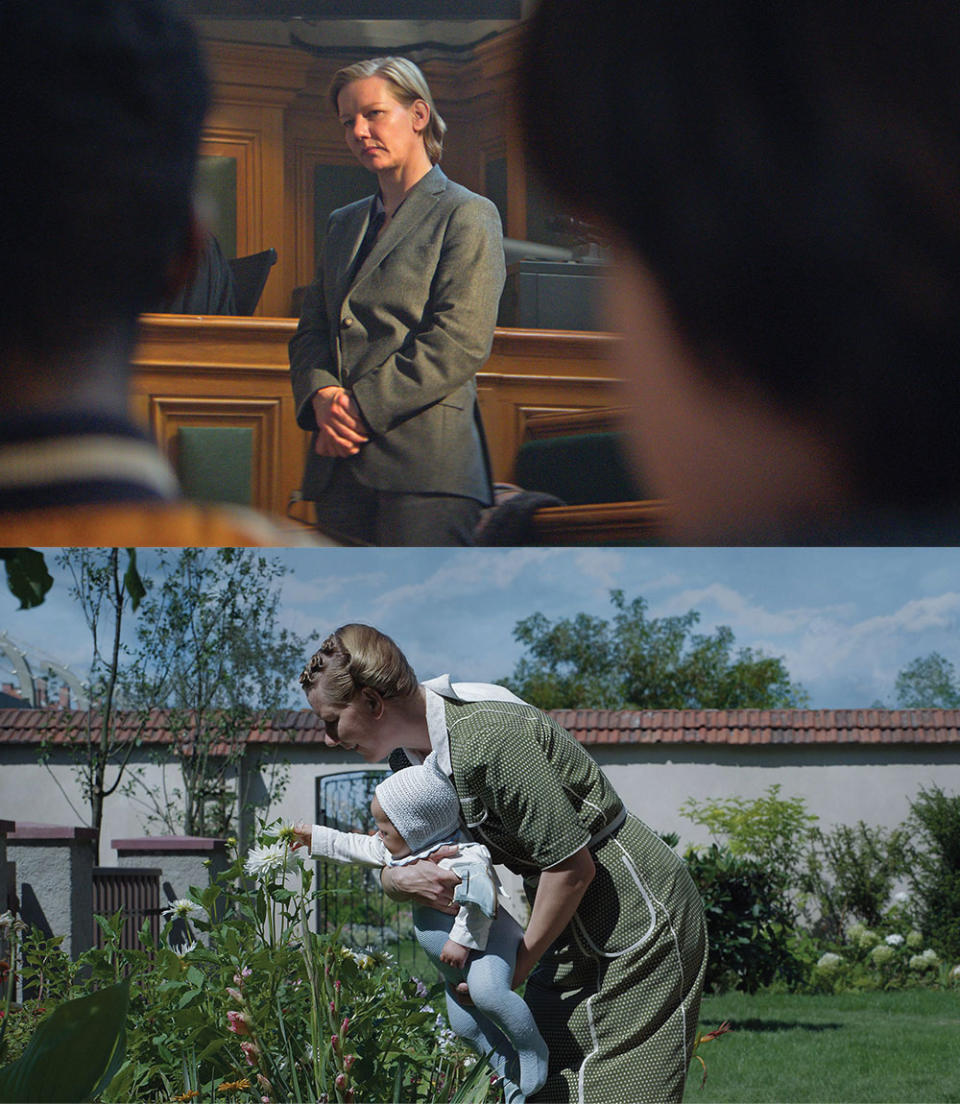 From top: In Anatomy of a Fall, Hüller plays a novelist accused of killing her husband; in The Zone of Interest, she plays the wife of the Nazi who ran Auschwitz.