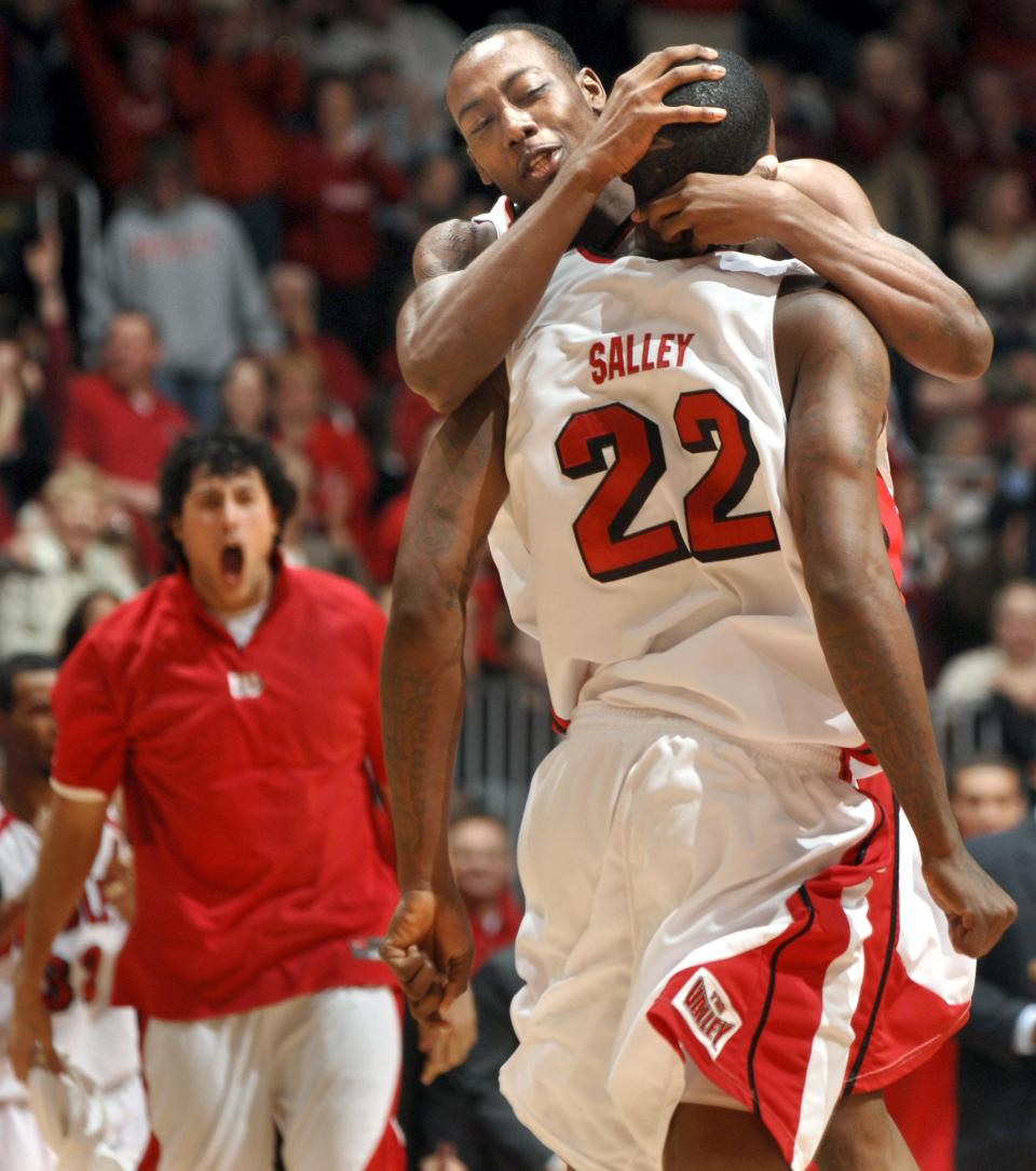 Theron Wilson, facing, celebrates with Matt Salley during a 2008 game between Bradley and Illinois State.