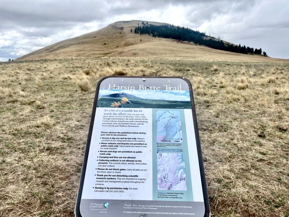 A sign marks the Harsin Butte Trail at the Zumwalt Prairie Preserve.