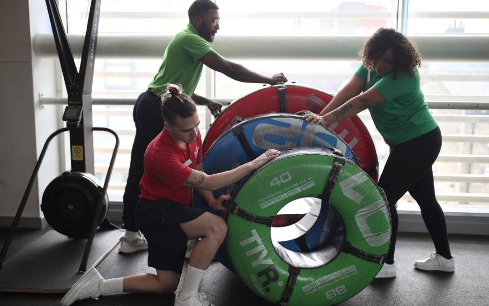 Staff at Clapham Leisure Centre prepare for the reopening of gyms from April 12 - Yui Mok/PA Wire