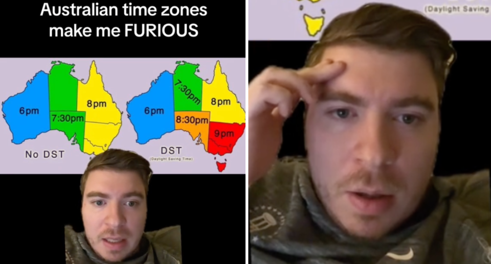 Left: An image featuring podcaster Jac Mac shows a map of Australia's time zones with and without daylight savings.