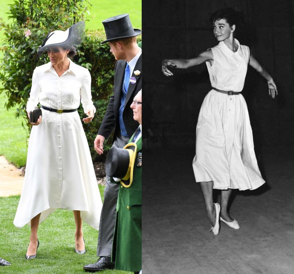 <p>Here, Meghan wears a <a rel="nofollow noopener" href="https://www.elle.com/uk/fashion/celebrity-style/a21612289/meghan-markle-royal-ascot-givenchy/" target="_blank" data-ylk="slk:belted Givenchy dress to the Royal Ascot;elm:context_link;itc:0;sec:content-canvas" class="link ">belted Givenchy dress to the Royal Ascot</a>. The swingy skirt and nipped waist bears a striking similarity to the dress Audrey wore while learning the gavotte in Rome, with both looks sharing an arrowhead collar and button-down detail.</p>