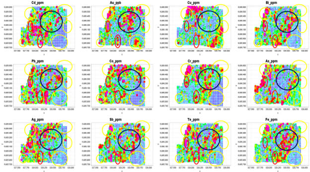 Spatial distribution of Au and its correlation with base metals and other Au pathfinder elements. Red – known mineral deposits, Yellow – Prospective areas for Au exploration, Blue – Area of alluvial deposition of metals.