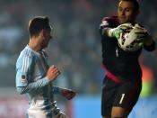 A goal attempt by Argentina's Lionel Messi (L) is foiled by Paraguay's goalkeeper Justo Villar during their Copa America semi-final match in Concepcion, Chile, on June 30, 2015