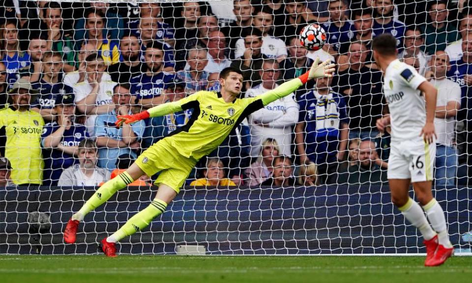 Illan Meslier makes a save during Leeds’ game at home to West Ham last Saturday.