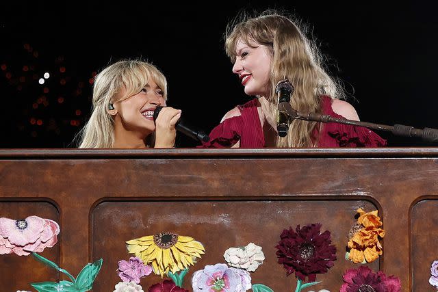 <p> Don Arnold/TAS24/Getty Images for TAS Rights Management</p> Sabrina Carpenter and Taylor Swift singing together in Sydney, Australia on Feb. 23, 2024.