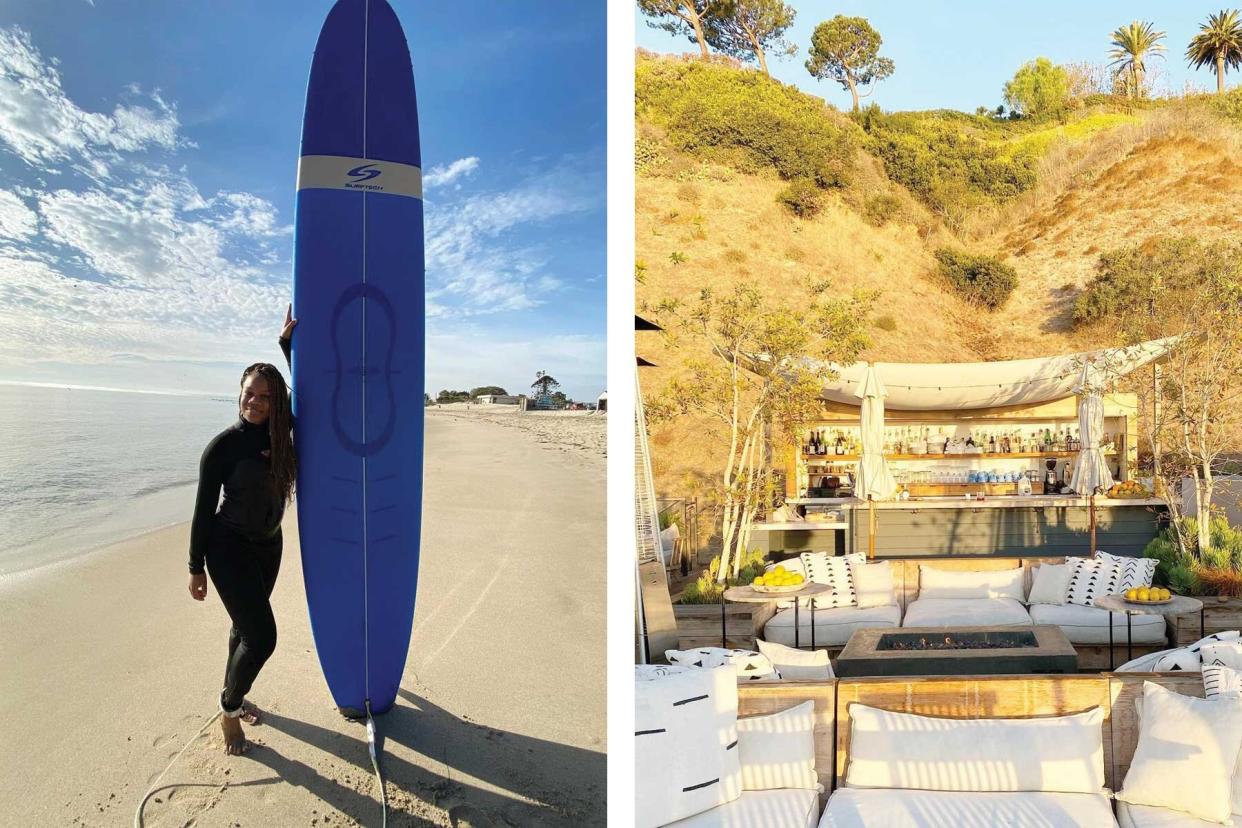 Dominique Fluker with a surfboard on the beach and the lounge at the retreat