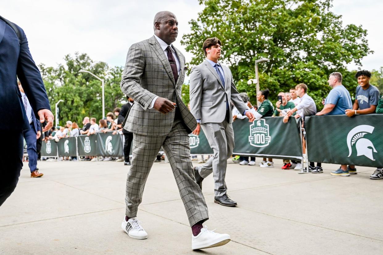 Michigan State head coach Mel Tucker walks into Spartan Stadium ahead of the football game against Richmond on Saturday, Sept. 9, 2023.