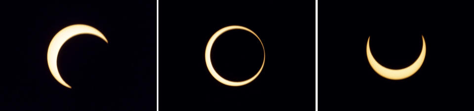 In this Jan.15,2010 file photo showing a combination of three separate photographs, the various stages of an annular solar eclipse seen over Anuradhapura, Sri Lanka. An annular solar eclipse occurs when the moon blots out all but a ring around the sun. This year's solar show can be viewed from eastern Asia to parts of North America. (AP Photo/Eranga Jayawardena,File)