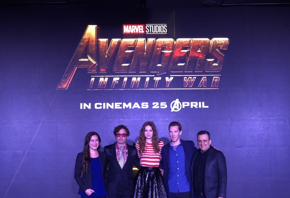 Trinh Tran (executive producer), Robert Downey Jr. (Iron Man), Karen Gillan (Nebula), Benedict Cumberbatch (Doctor Strange), and Joe Russo (director) at the “Avengers: Infinity War” film promotional event held at the Marina Bay Sands on Sunday (15 April). (PHOTO: Marcus Goh / Yahoo Lifestyle Singapore)