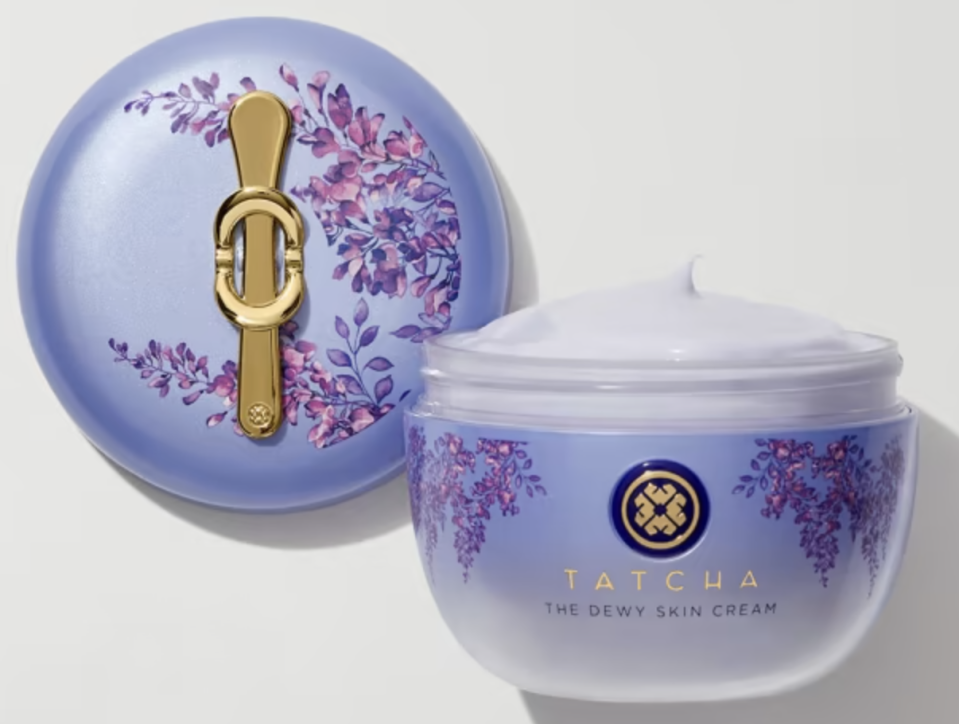 purple floral container of skin cream