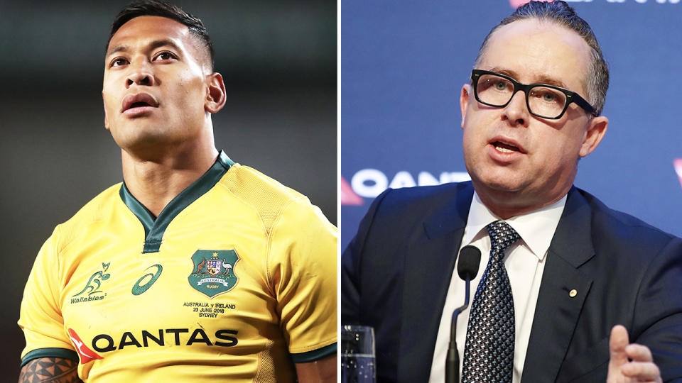 Israel Folau and Alan Joyce, pictured here in 2019.