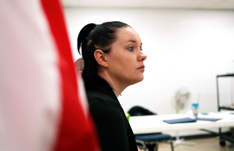 Lindsey Hass, a human trafficking survivor, listens during a training session at the Berkeley County Emergency Services Training Center in Moncks Corner