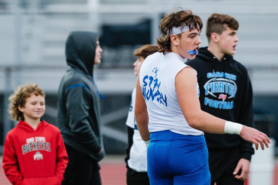 Garaway warms up during their week 11 high school football playoff game against Rock Hill, Friday, Oct. 27 at Garaway High School, Sugarcreek, Ohio.