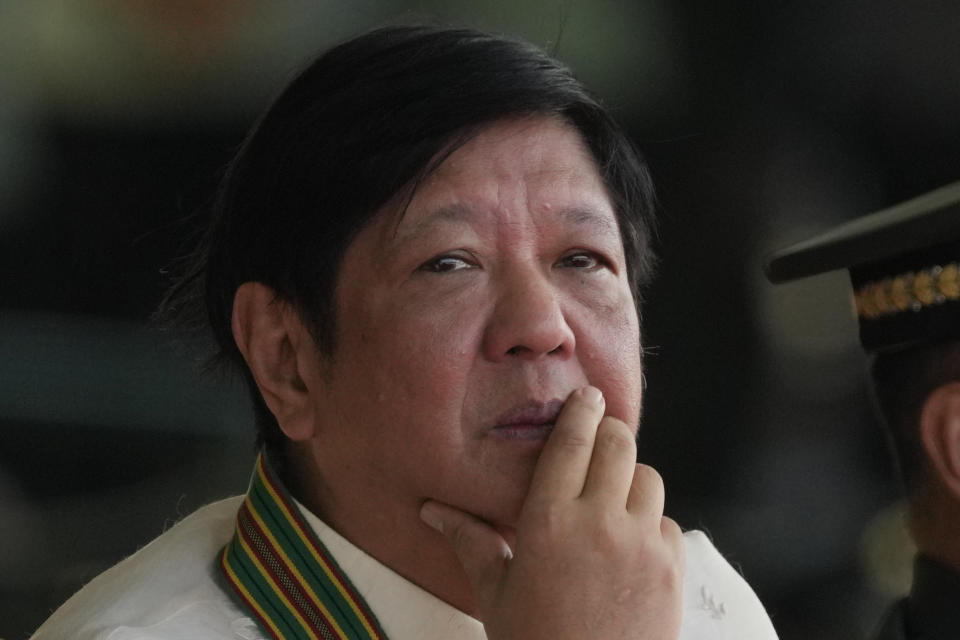 Philippine President Ferdinand Marcos Jr. watches during the 126th founding anniversary of the Philippine Army at Fort Bonifacio in Taguig, Philippines on Wednesday, March 22, 2023. (AP Photo/Aaron Favila)