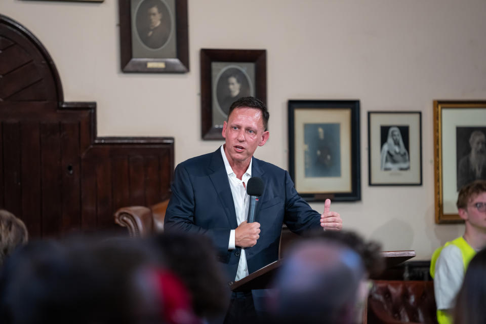 CAMBRIDGE, CAMBRIDGESHIRE - MAY 8, 2024: Peter Thiel speaks at the Cambridge Union in Cambridgeshire on May 8, 2024. (Photo by Nordin Katic/Getty Images, courtesy of Cambridge Union)